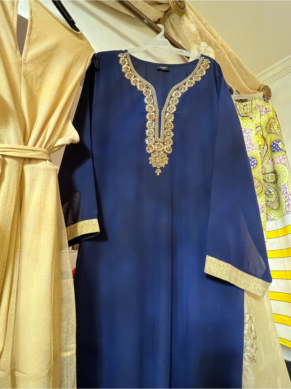 Elegant Navy Blue Embellished Women's Shirt Dress (Indian-Style)